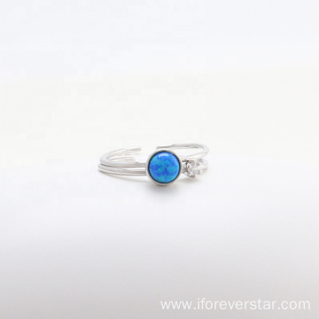 Round Blue Opal 925 Silver White CZ Rings